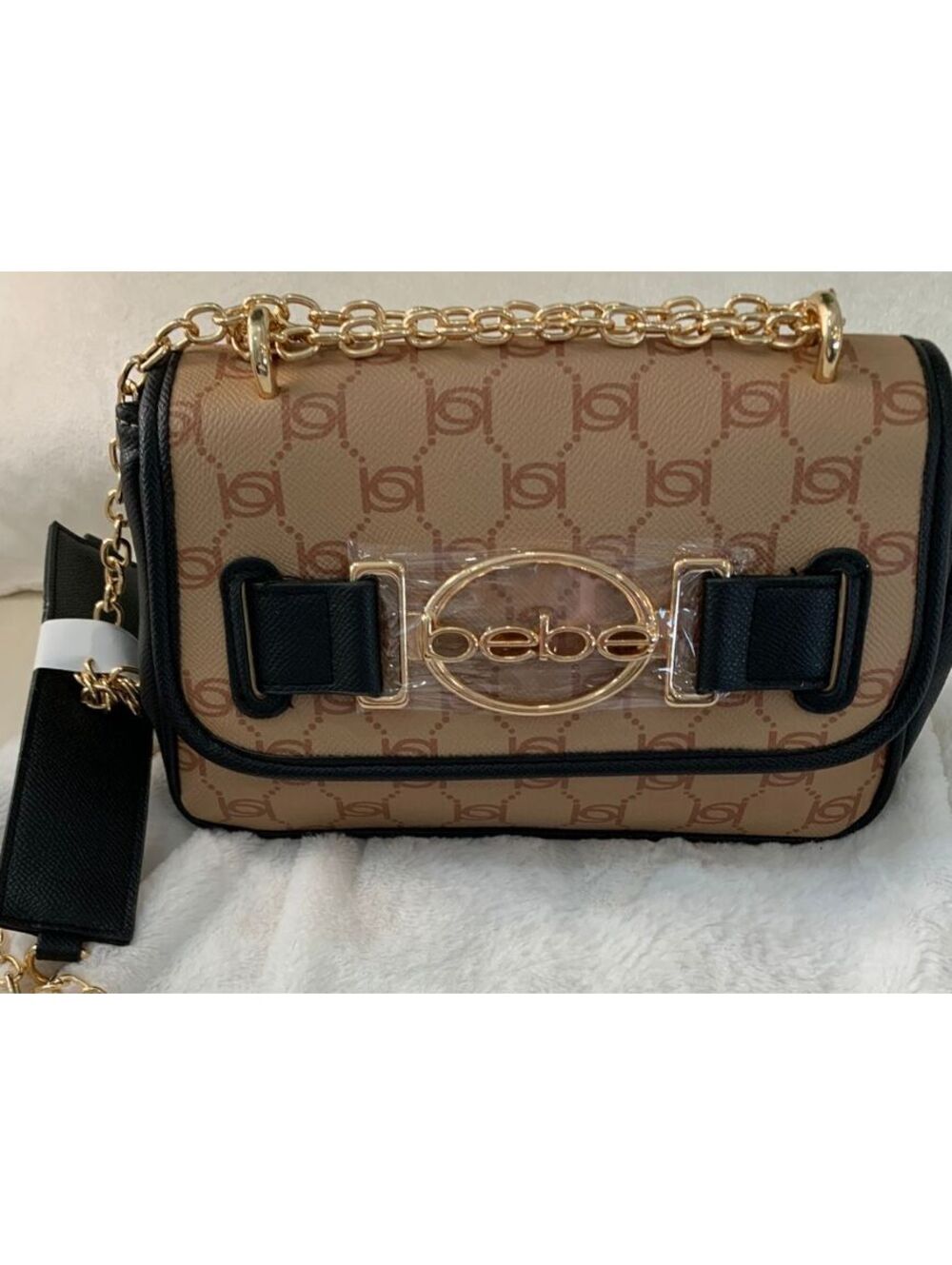 bebe Logo Chain Shoulder Bag in Tan and Black NWT
